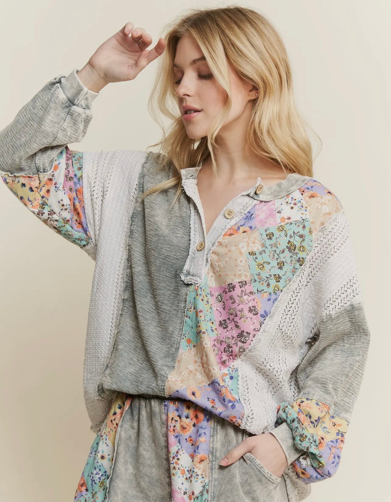 Mineral Wash Floral Jacquard Henley Boho Top