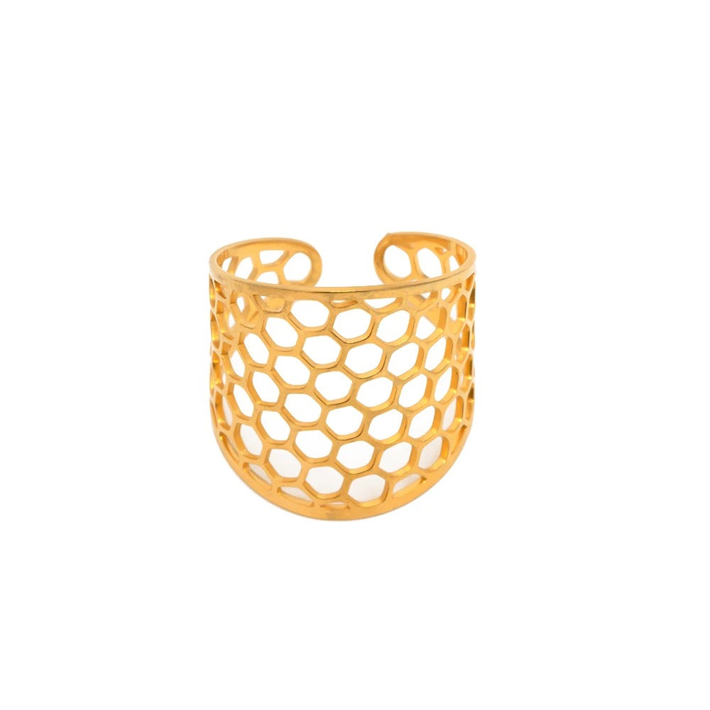 Honeycomb Filigree 18K Gold Plated Open Ring