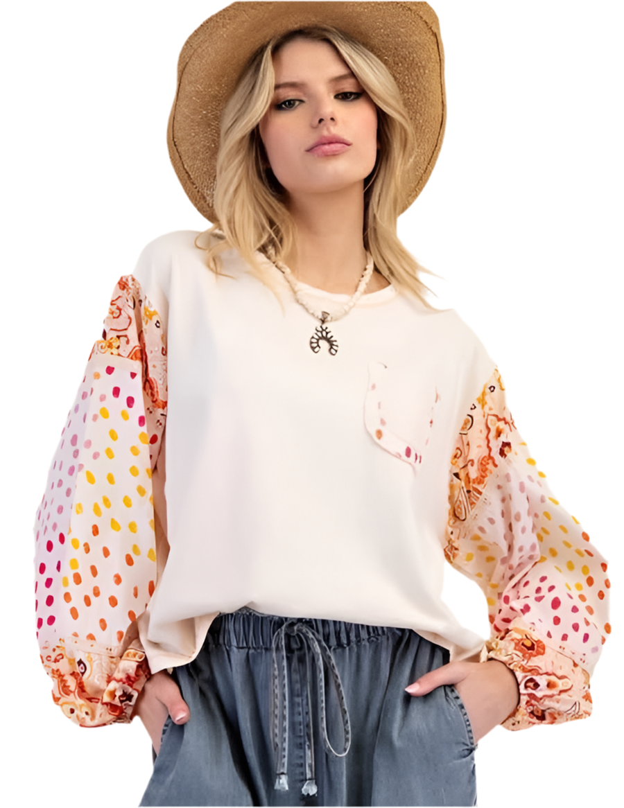 Easel Printed Sleeve Cotton Jersey Top