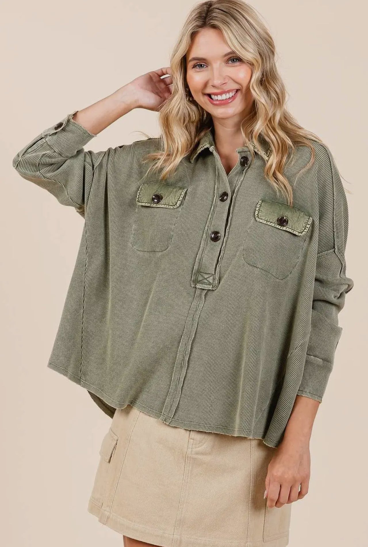 Mineral Wash Waffle Knit Collared Henley Top