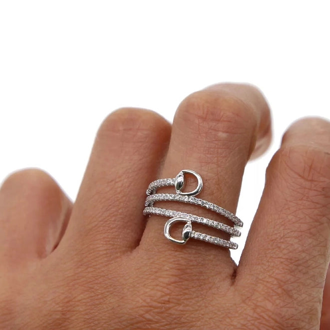 Equestrian Sterling Silver Adjustable Snaffle Bit Ring- Cz Accents