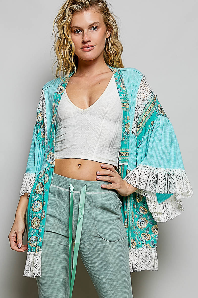 POL Aqua Ruffle Sleeve Open Relaxed Fit Cardigan