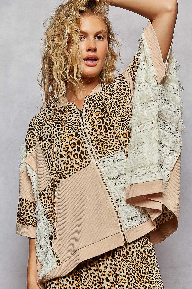 Oversized Fit Animal Print Lace Patch Zip Up Hoodie
