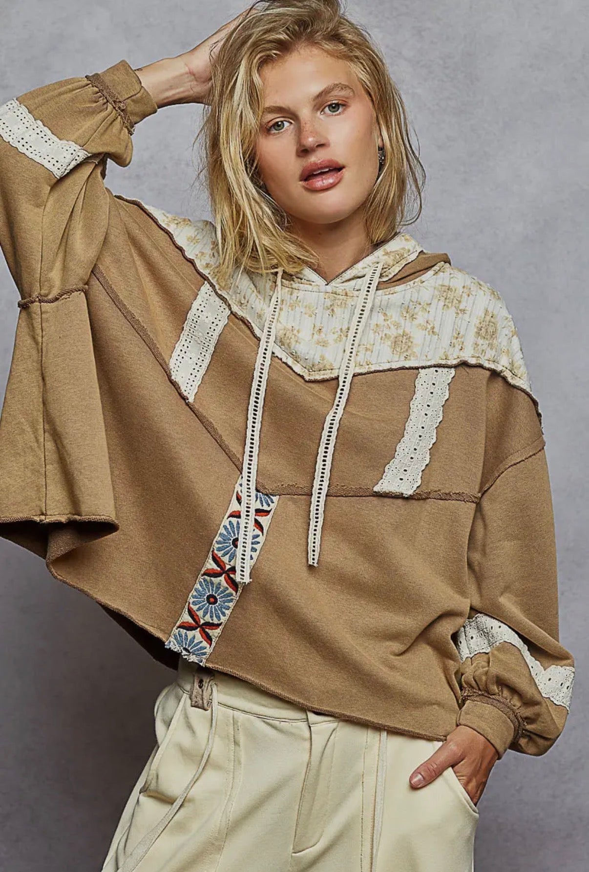 POL French Terry Gauze Print Hoodie Knit Top