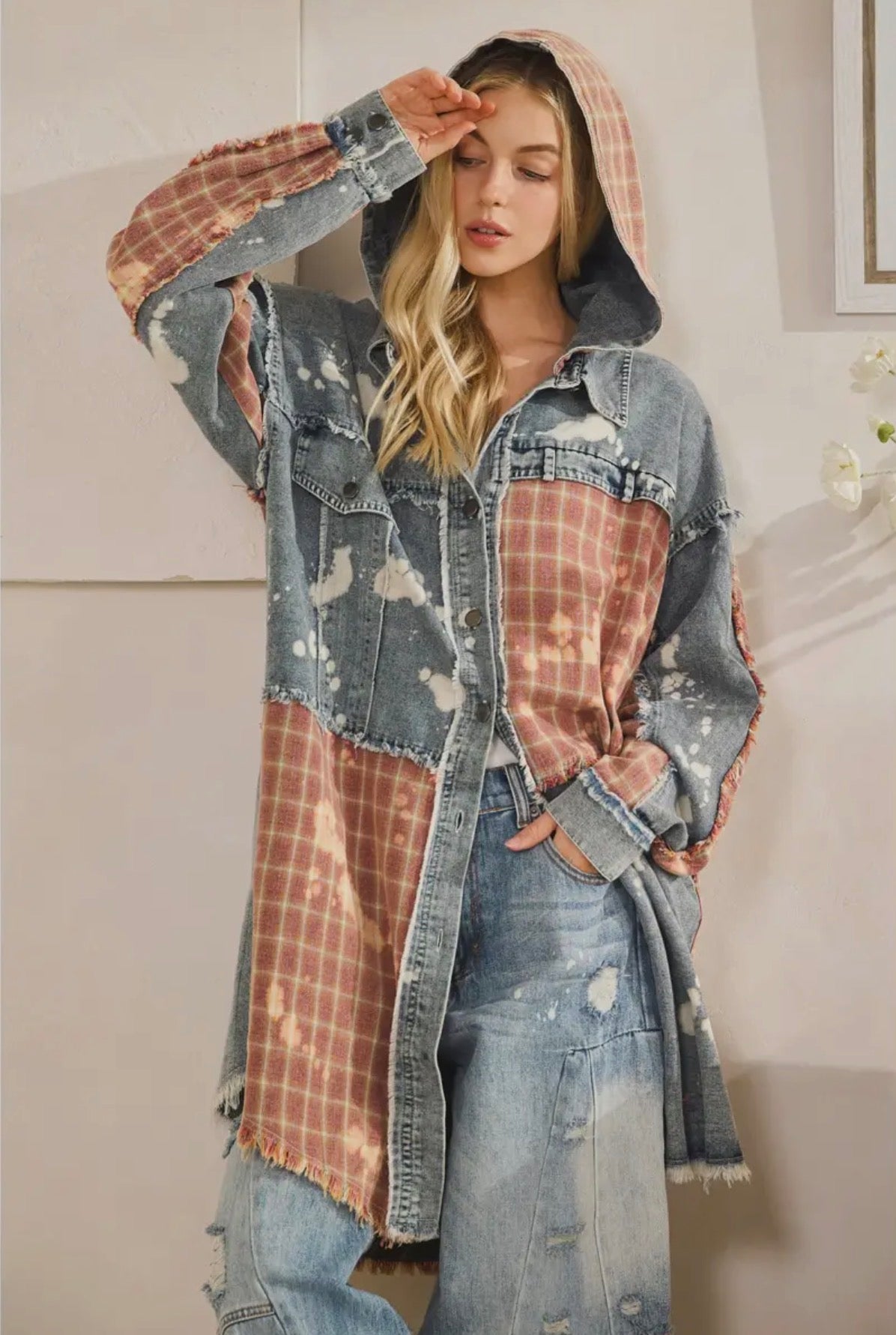Bleached Washed Denim Plaid Button Down Long Shacket w/Hoodie