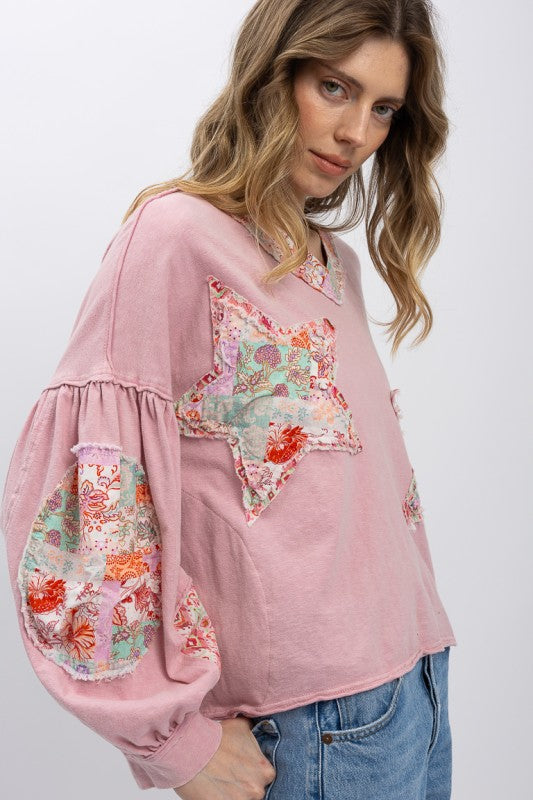Patchwork Balloon Sleeve Top