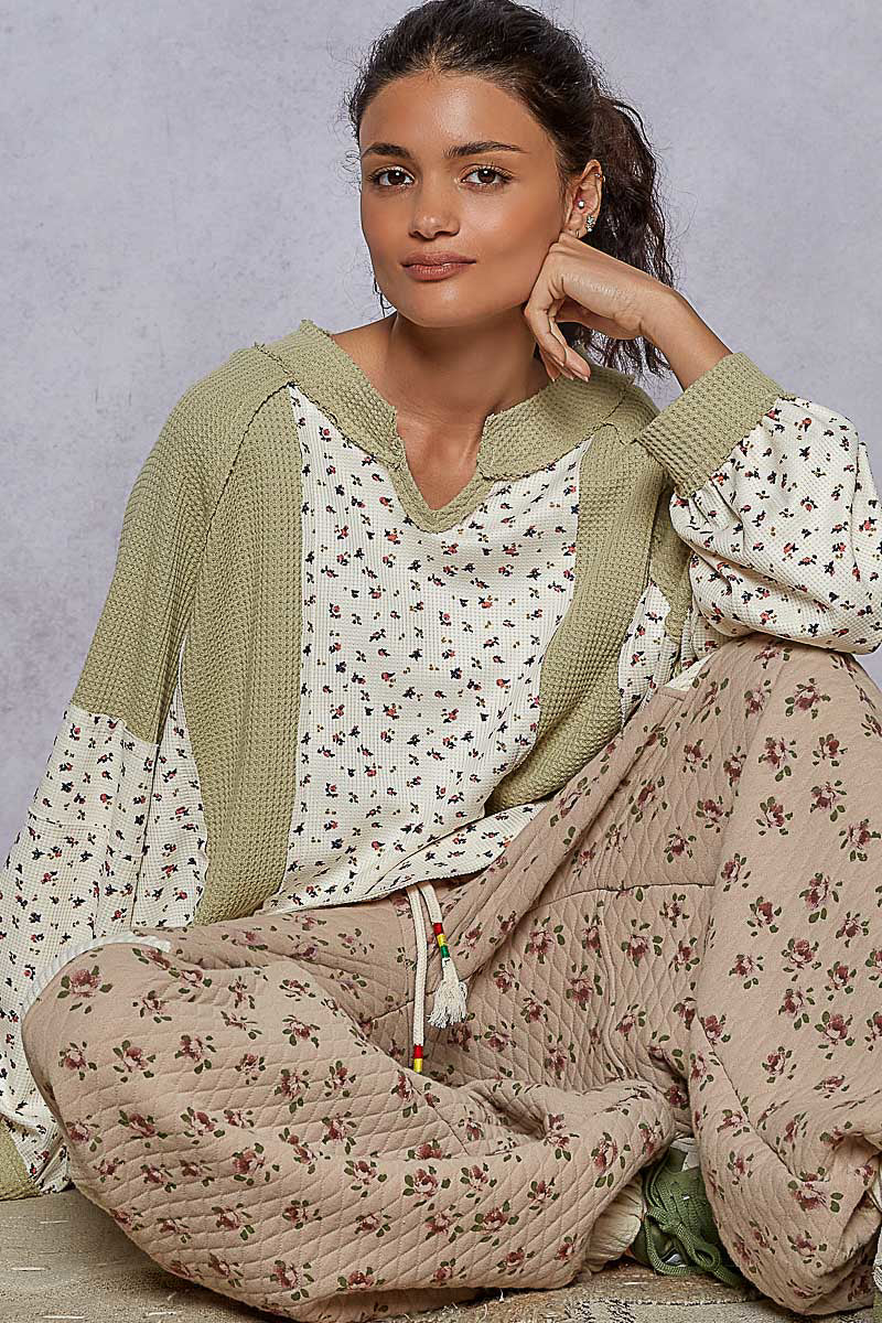 POL Floral Multi Texture Oversized Sage Top