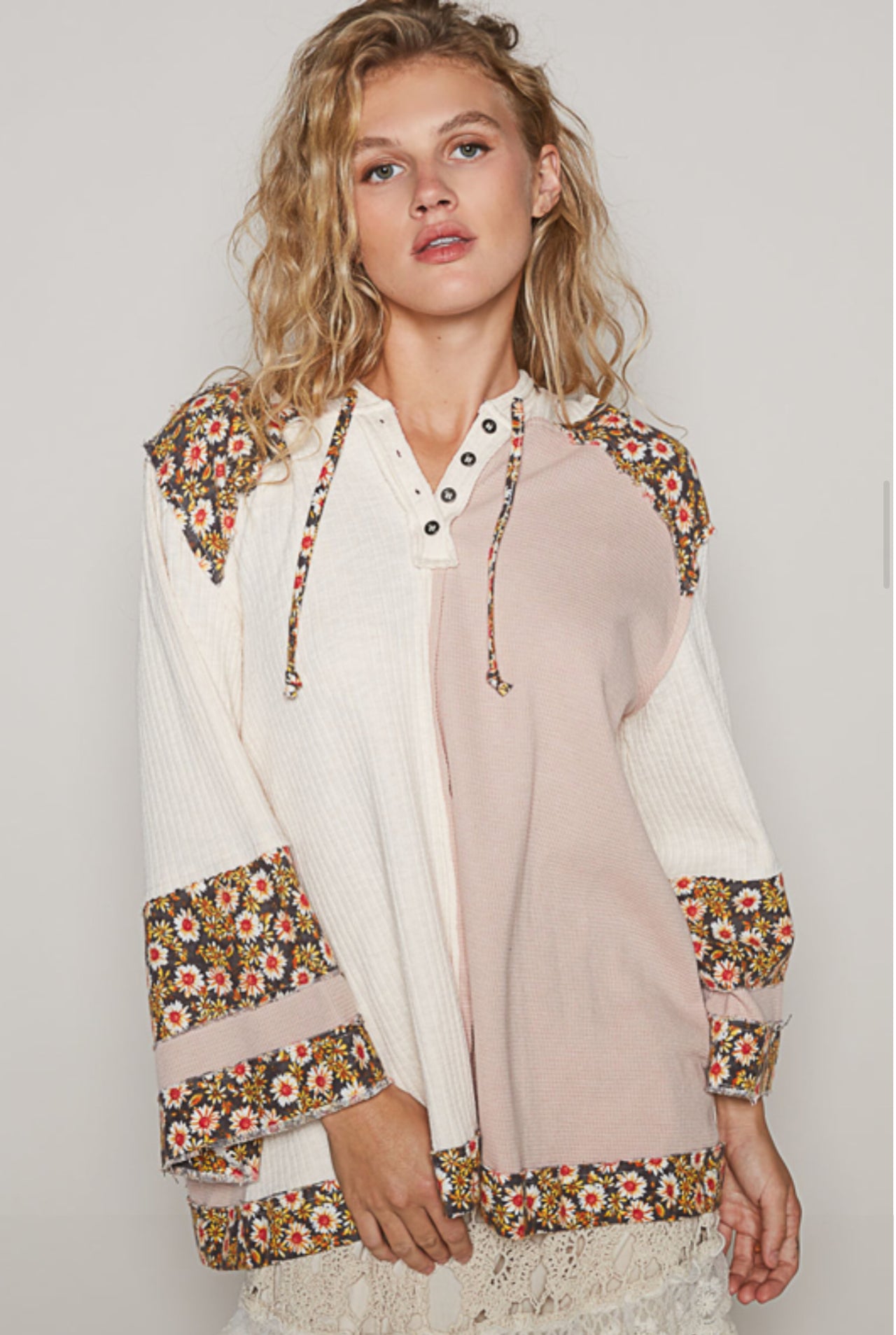 POL Oversize Long Sleeve Floral Patch Two Tone Almond Hoodie Top