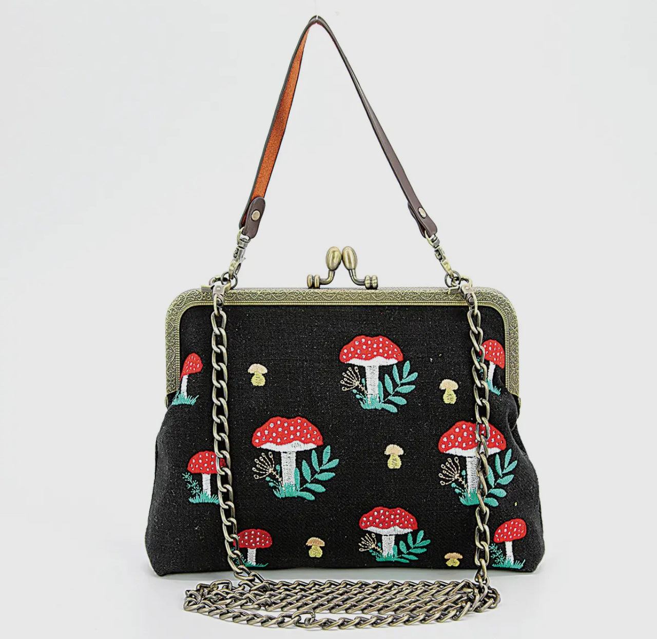 Embroidered Mushroom Kisslock Frame Bag