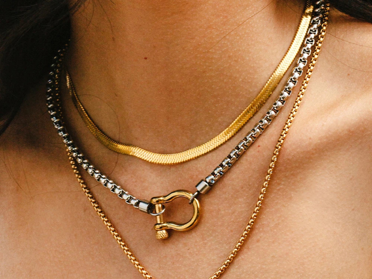 Horseshoe Gold Plated Stainless Steel Box Chain Necklace