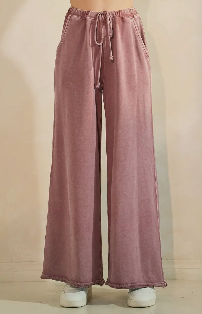 Mineral Wash Elastic Waist Wide Leg Pants