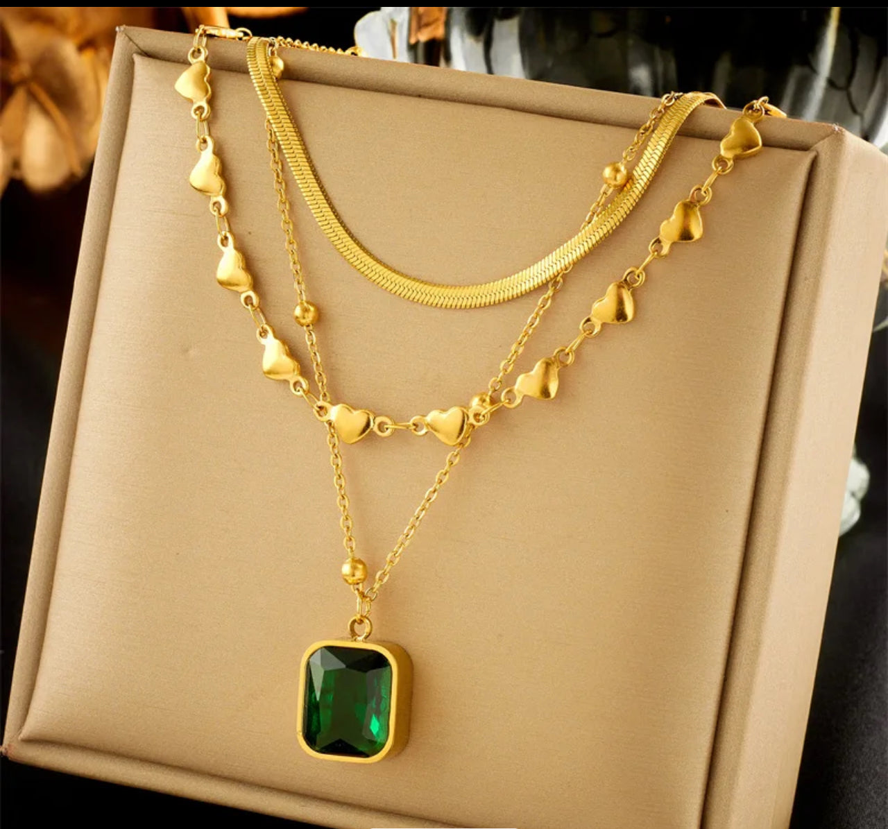 Emerald Color Pendant Multilayer 18K Gold Plated Necklace