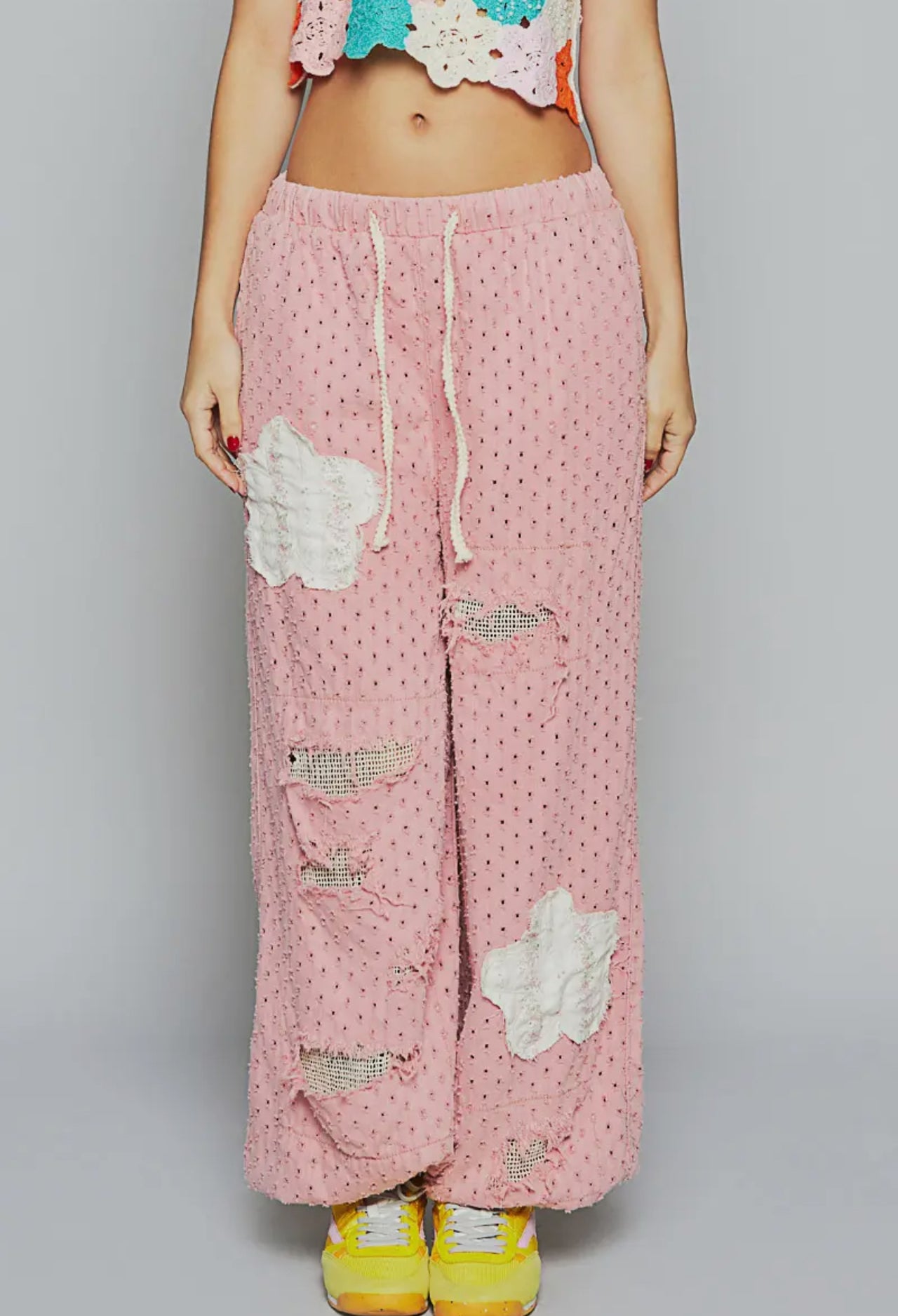 POL Distressed Elastic Band Textured Twill Joggers-Pink Denim