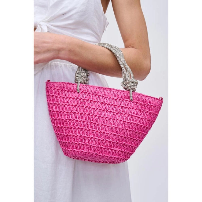 Rhinestone Handle Straw Mini Tote Bag