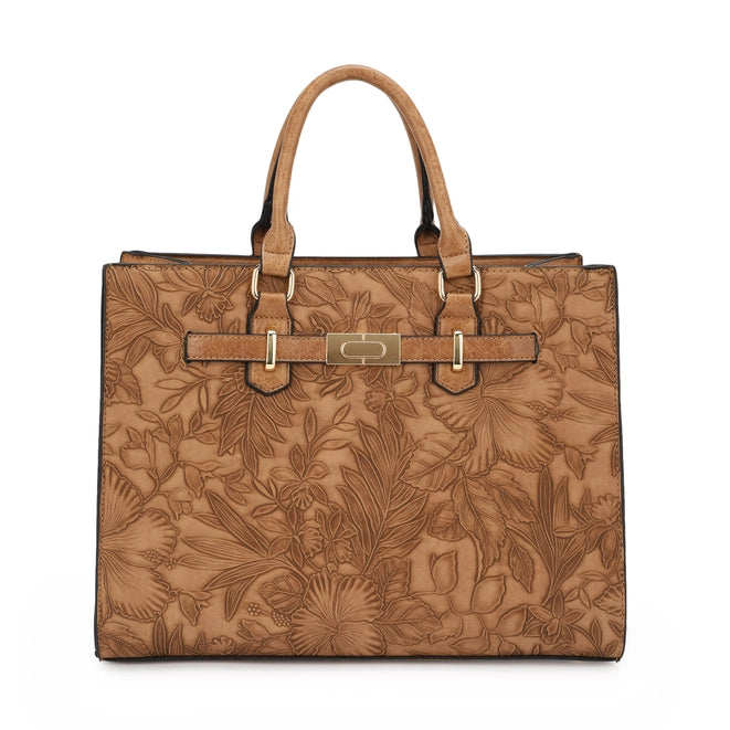 Hibiscus Floral Embossed Tote w/Shoulder Strap