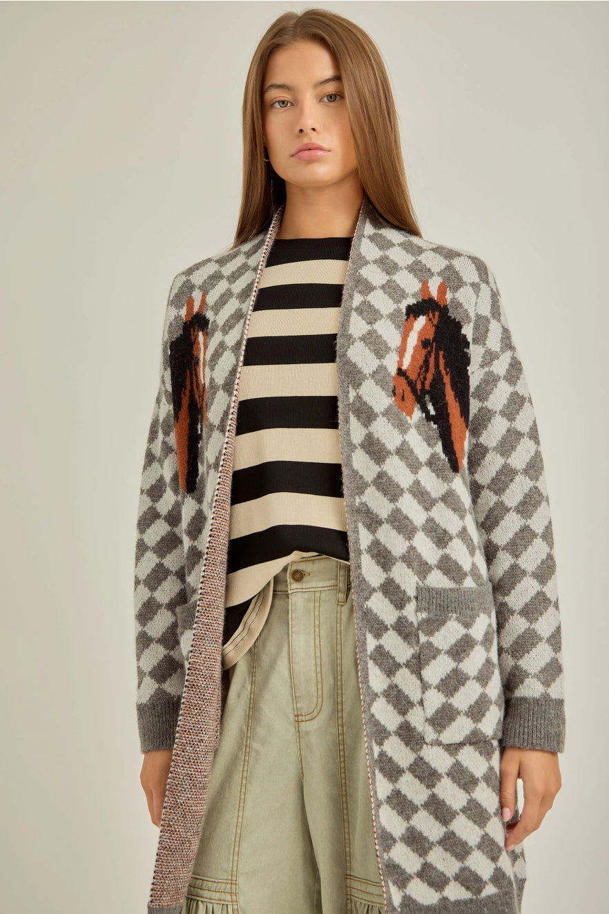Classic Checkered with Horse Sweater Cardigan