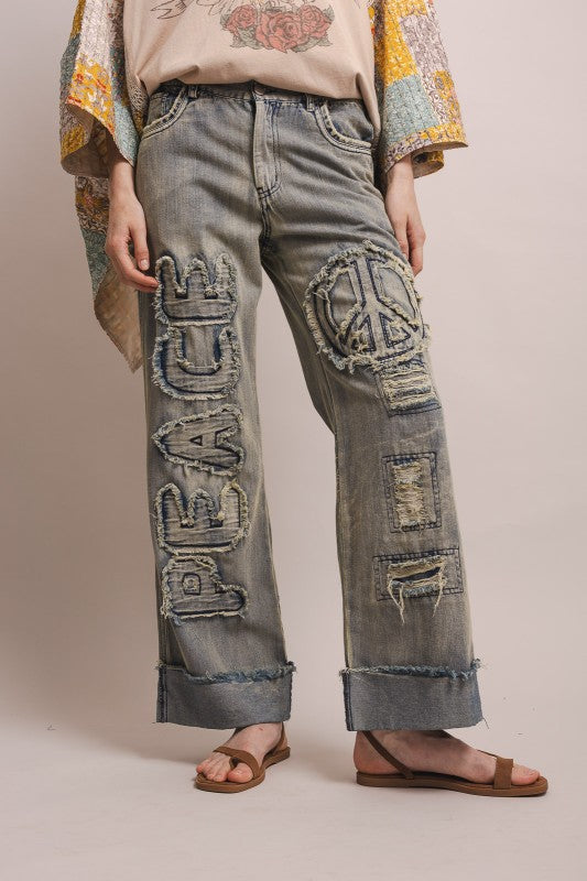 Peace Patch Washed Distressed Denim Jeans