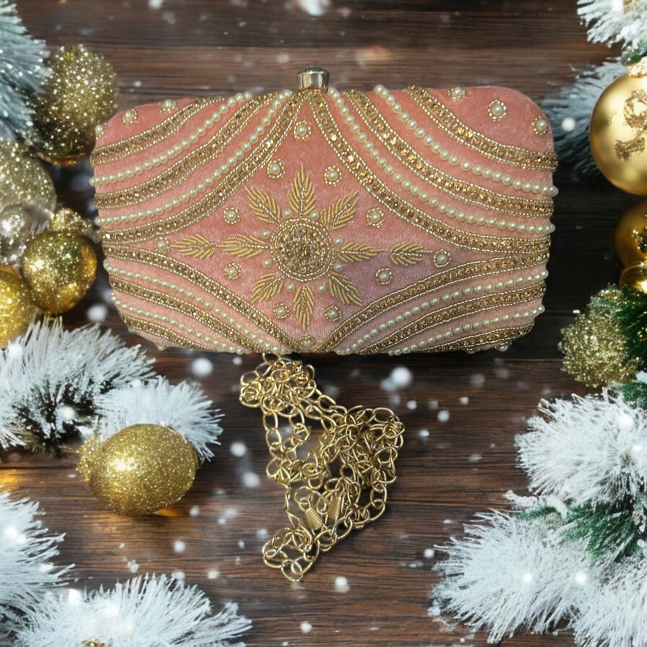 Embroidered Velvet Clutch Bag w/Gold Crossbody