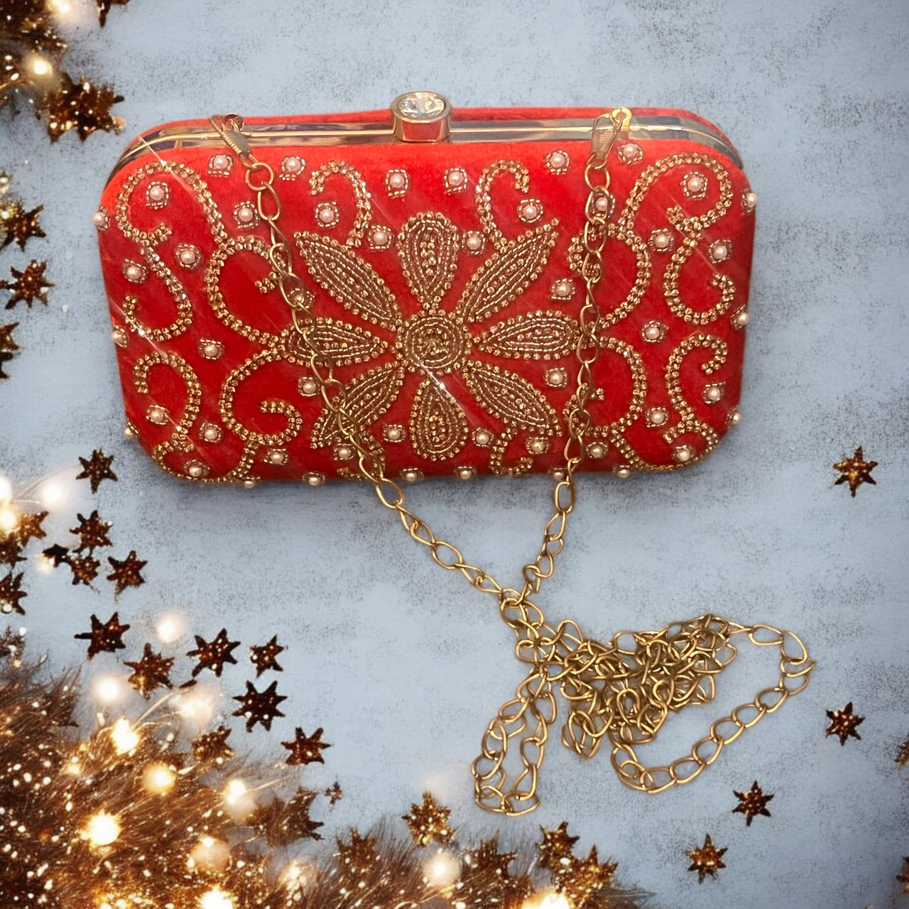 Floral Velvet Clutch Bag w/Gold Crossbody