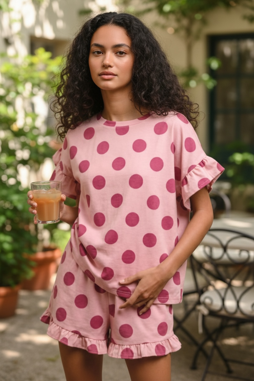 Polka Dot Printed Ruffle Top & Shorts Set
