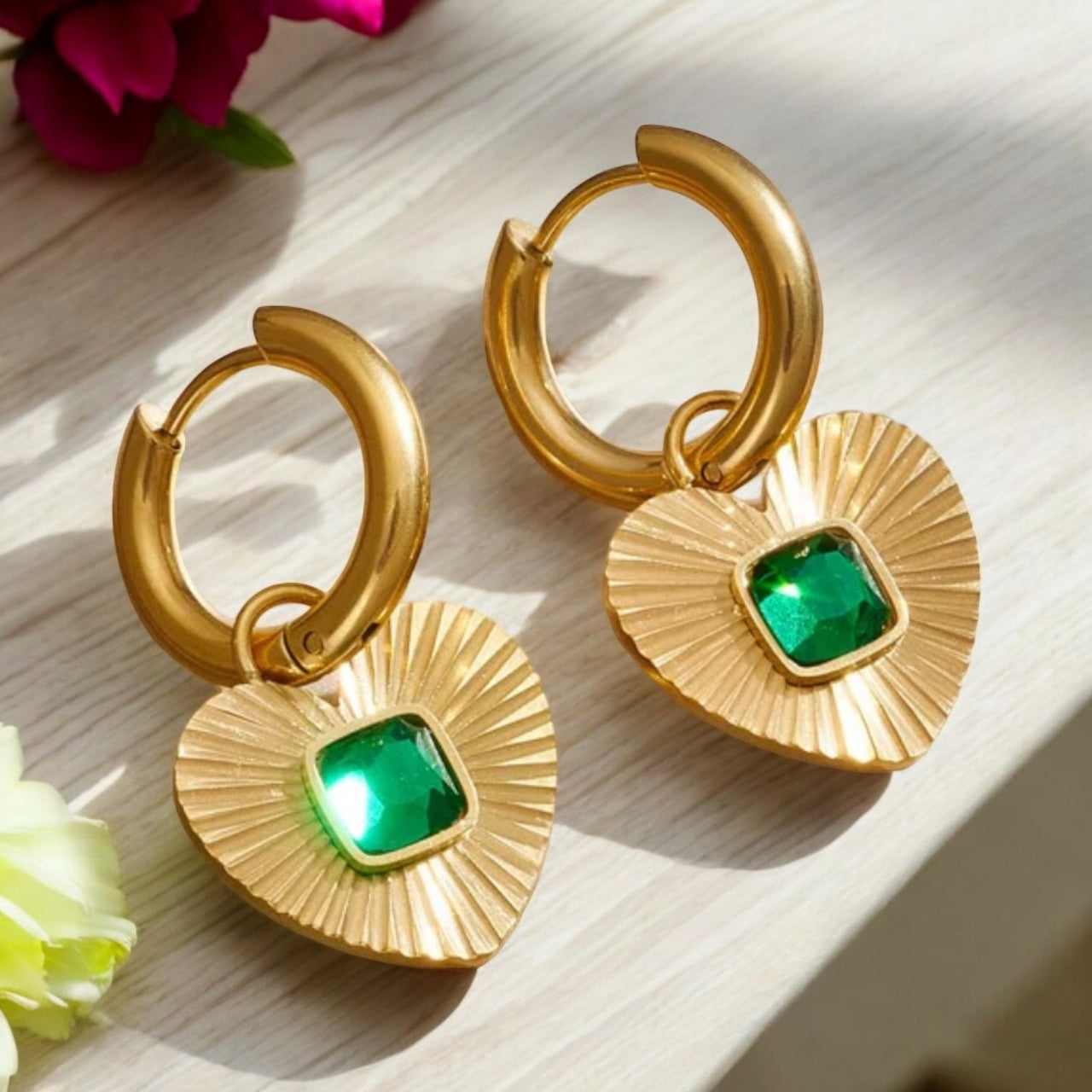 Emerald on Heart Shaped Gold Plated Huggie Earrings