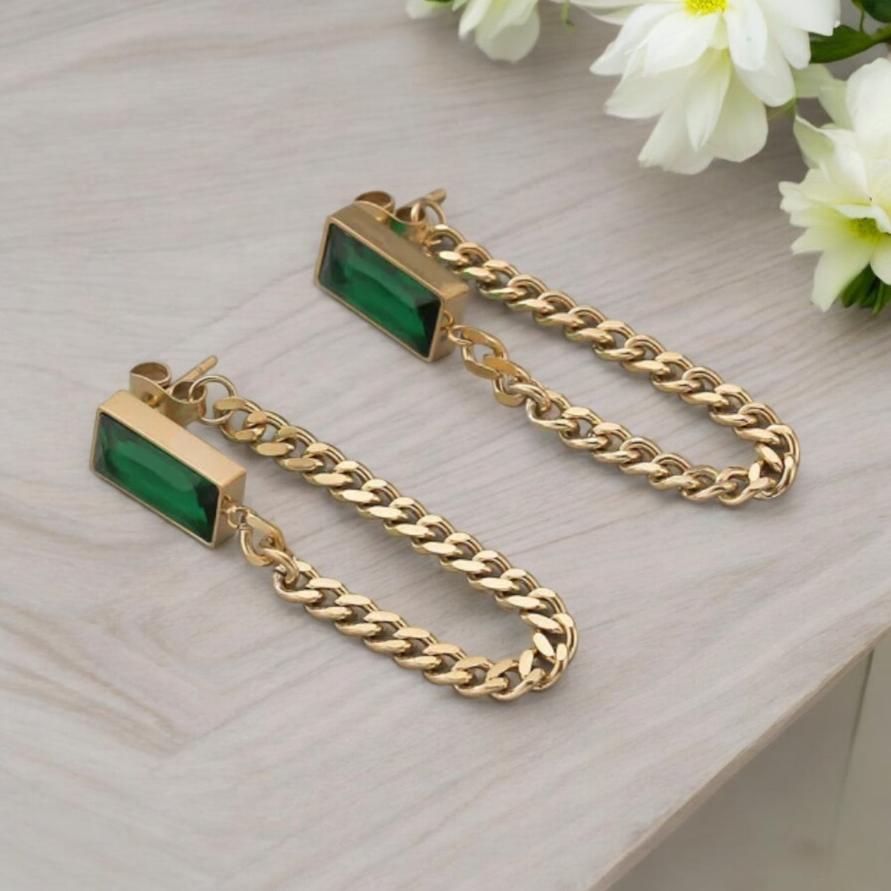 Emerald on Gold Plated Chain Link Earrings