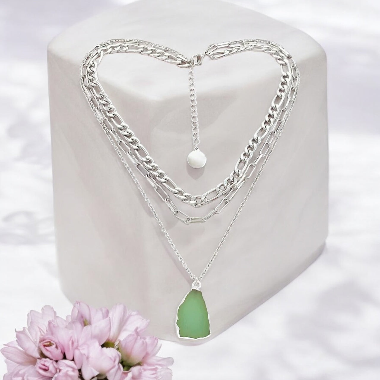 Multilayer Silver Tone Green Acrylic Pendant Necklace