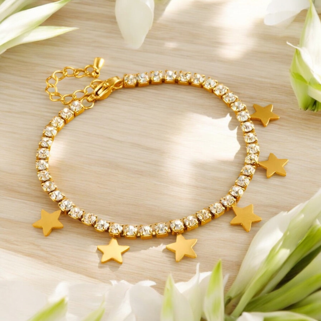 Dainty Rhinestone & Stars 18K Gold Plated Bracelet