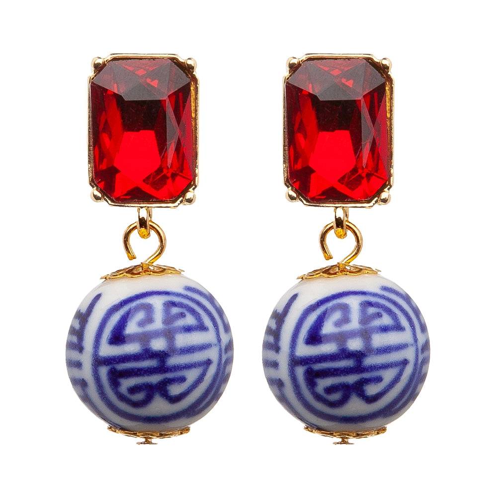 Red Stone Porcelain Blue Earrings