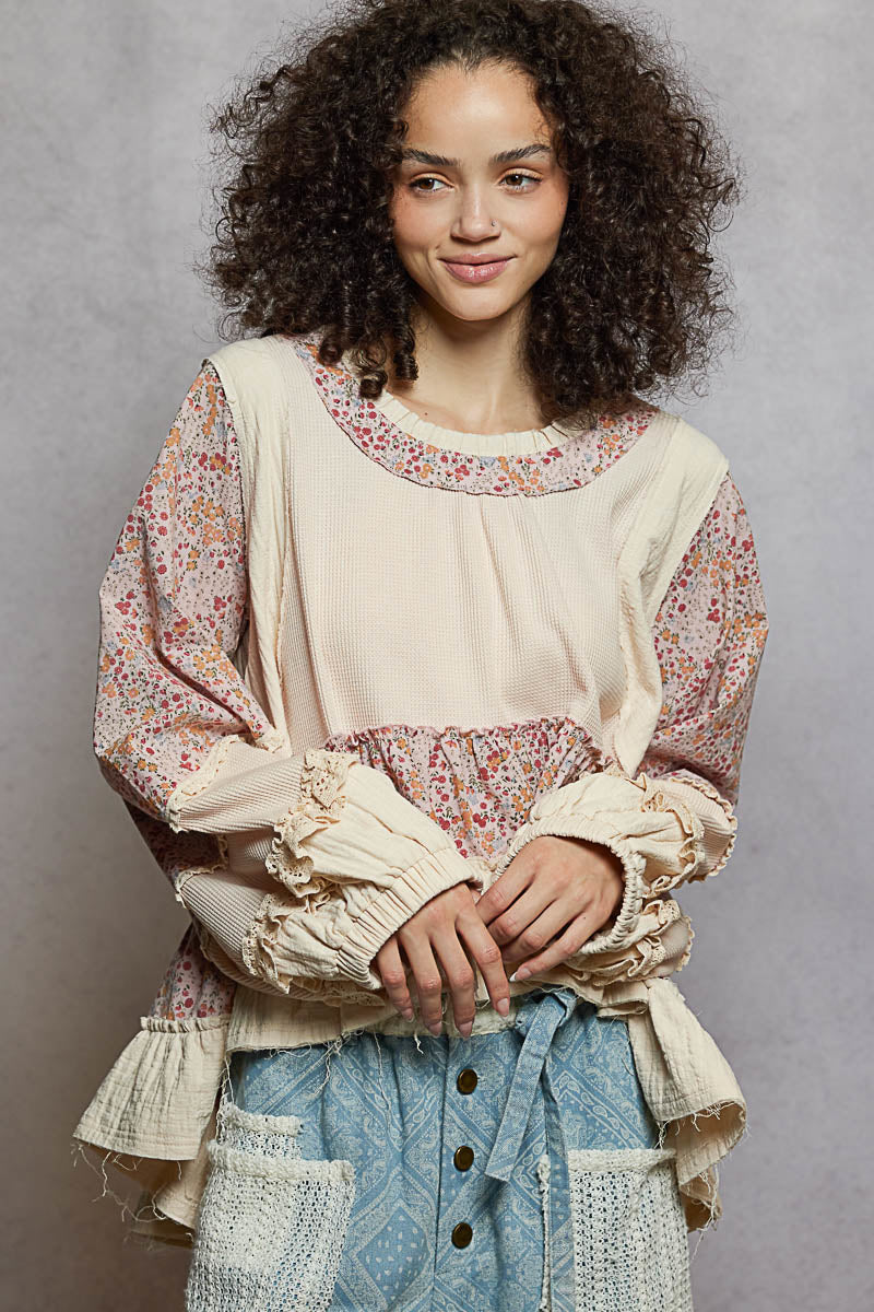 Ruffle Hem Beige Floral Top