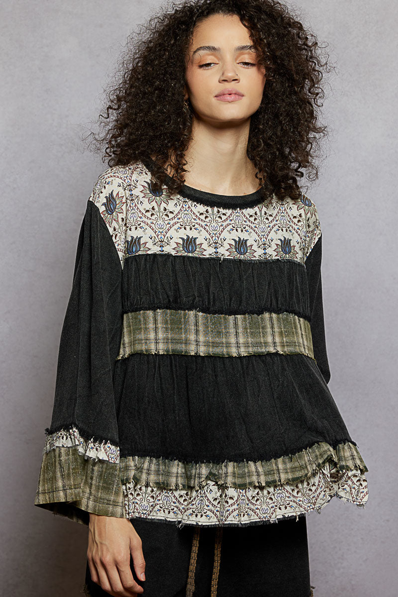 POL Washed Print Plaid Full Sleeve Top
