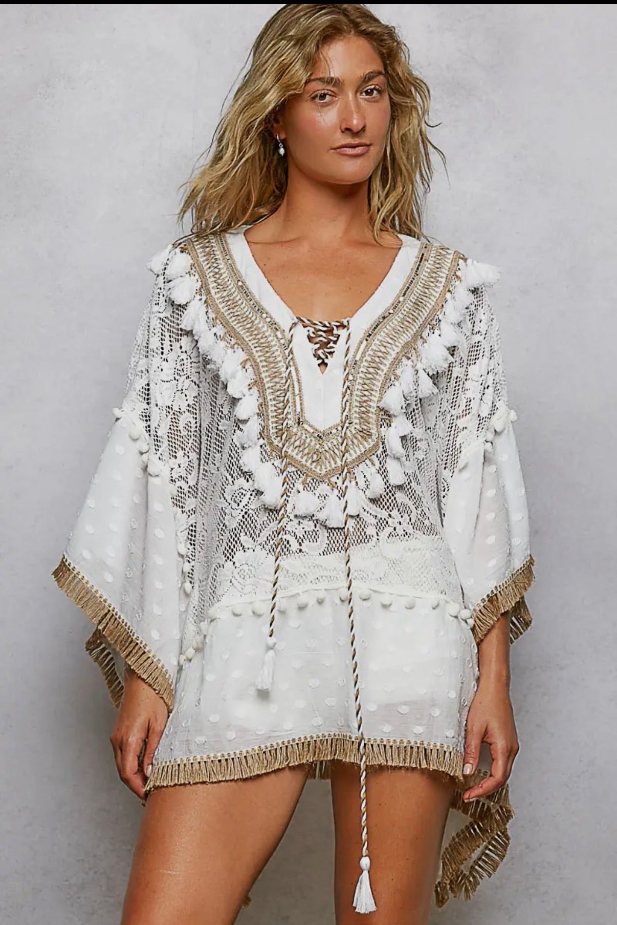 POL V Neck Trim Tassel Adjustable Drawstring Top