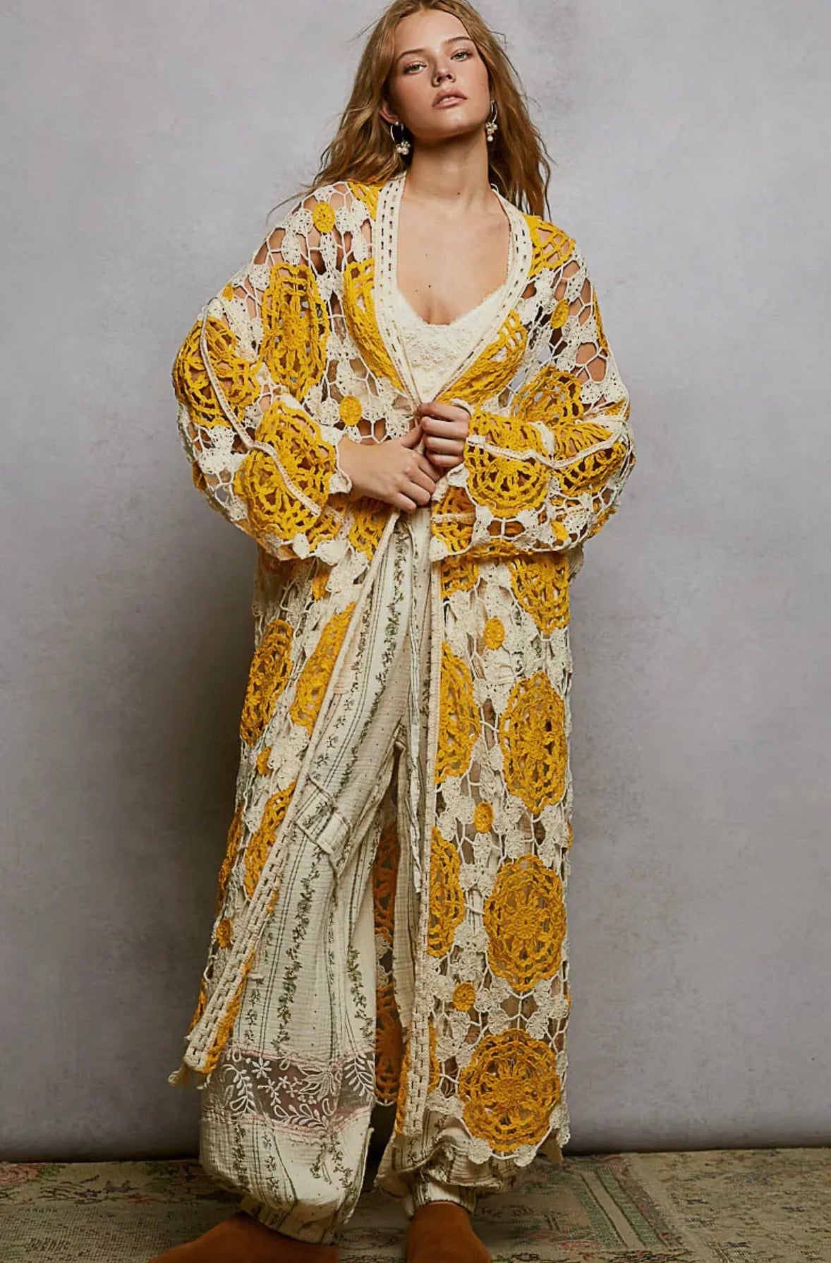 POL Long Yellow Crochet Cardigan