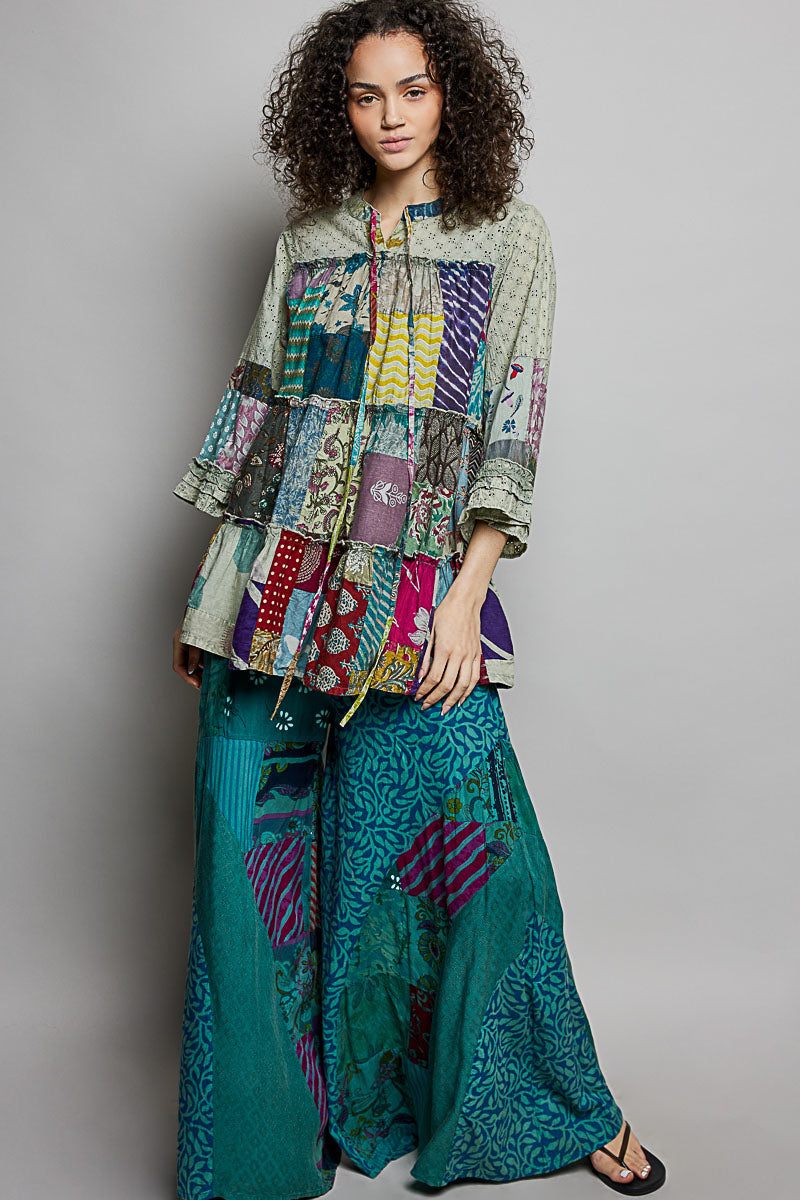 POL One of A Kind Patch Work Tunic Top in Sage Green