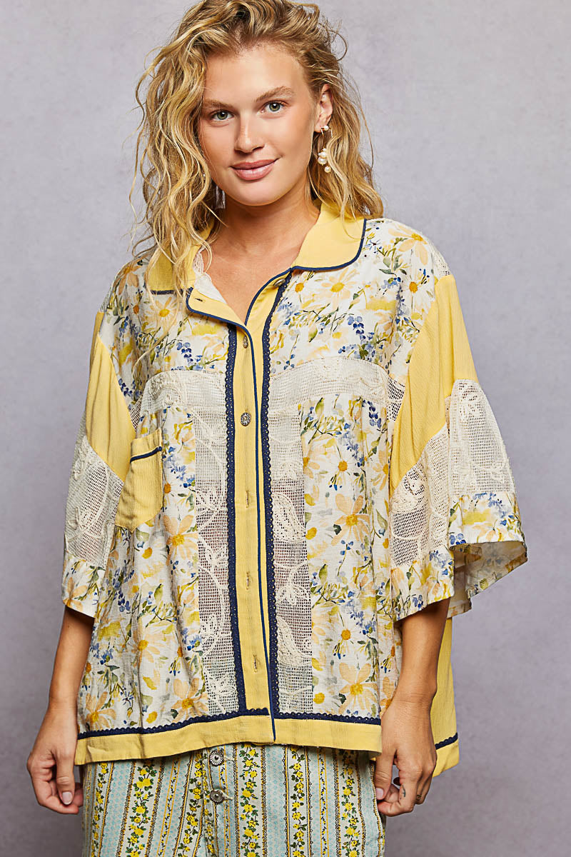 POL Over-Sized Floral Lemon Button-Up Top