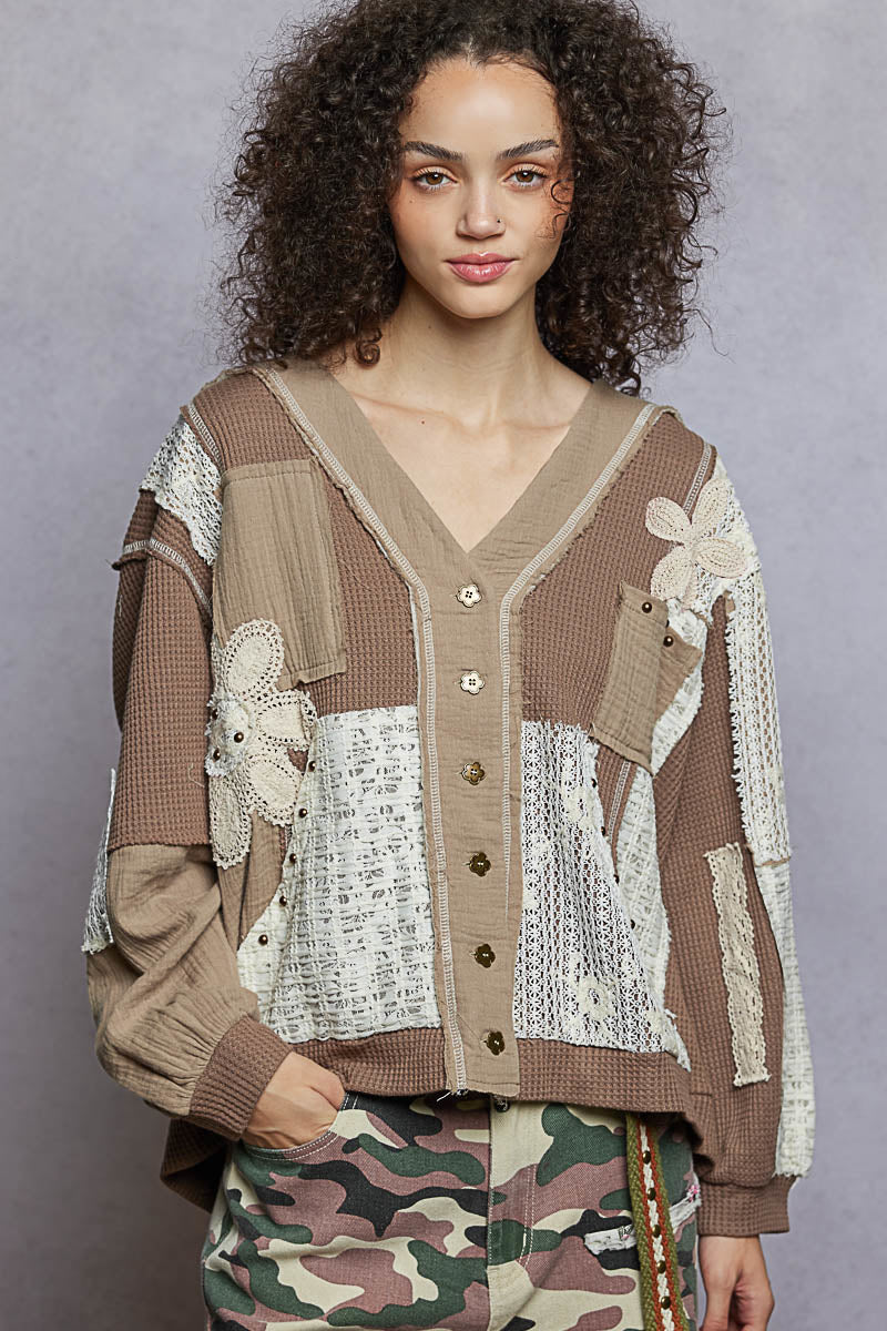 POL Oversize Lace Print Waffle Knit Button up Top
