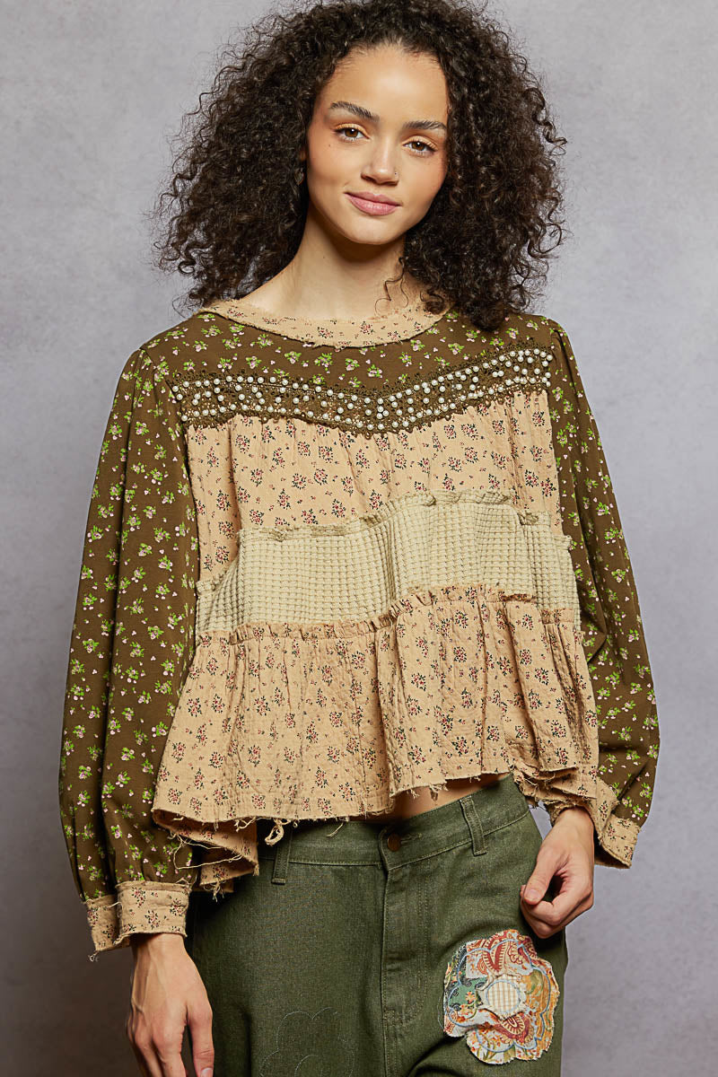POL Olive Green Pearl Studded Patch Work Top