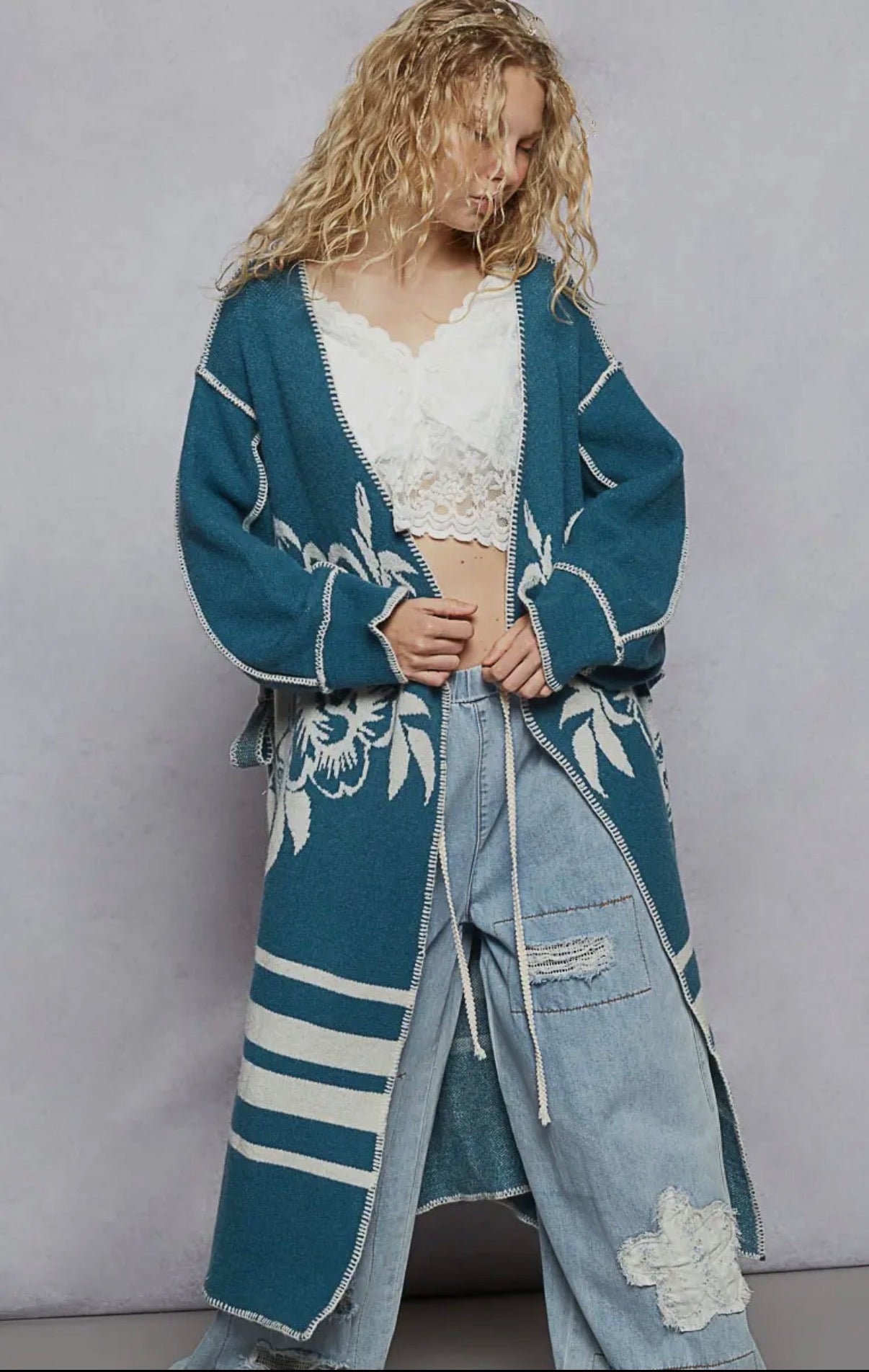 POL Long Floral Wrap Cardigan W/ Belt