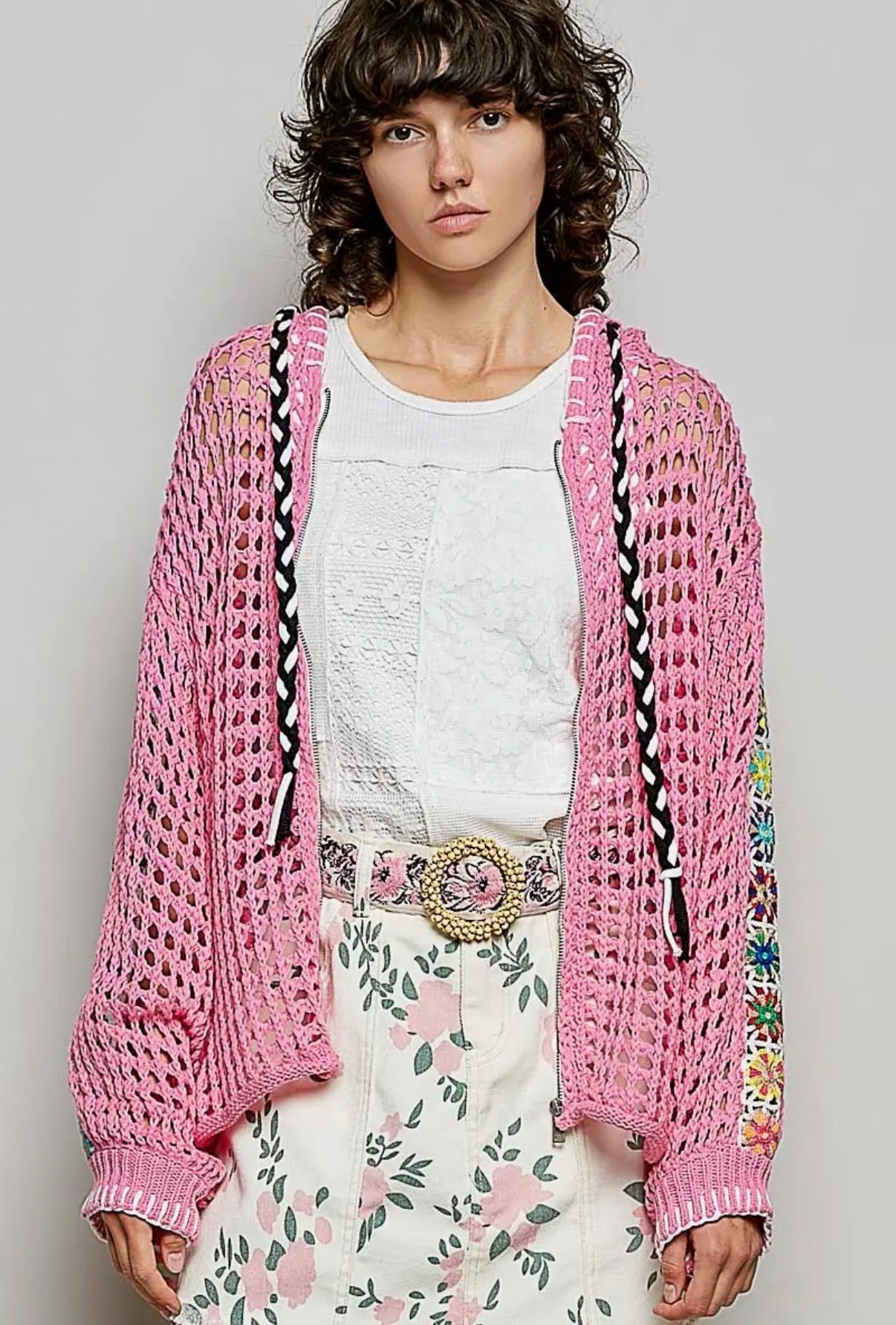 POL Pink Crochet Zip-up Cardigan Hoodie