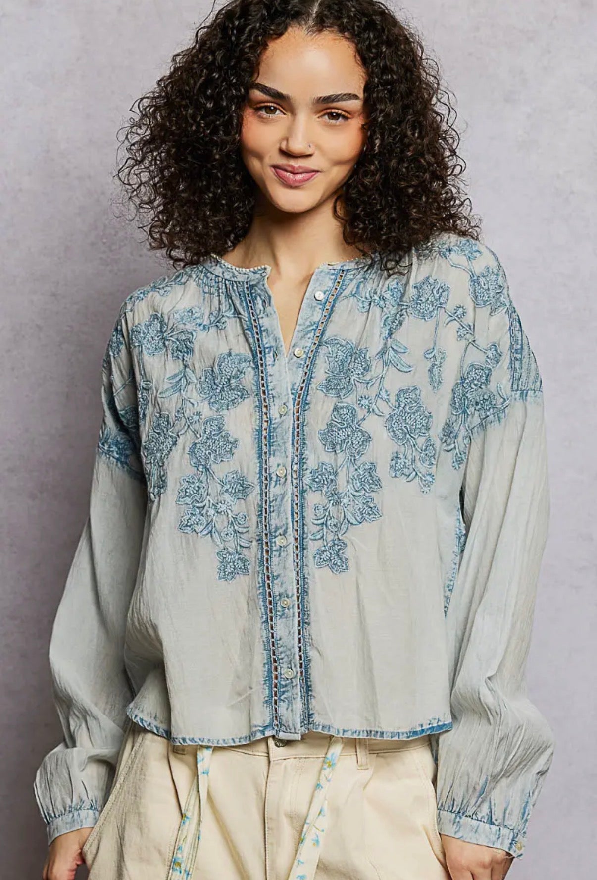 POL Muted Washed Relaxed Fit Denim Blue Top