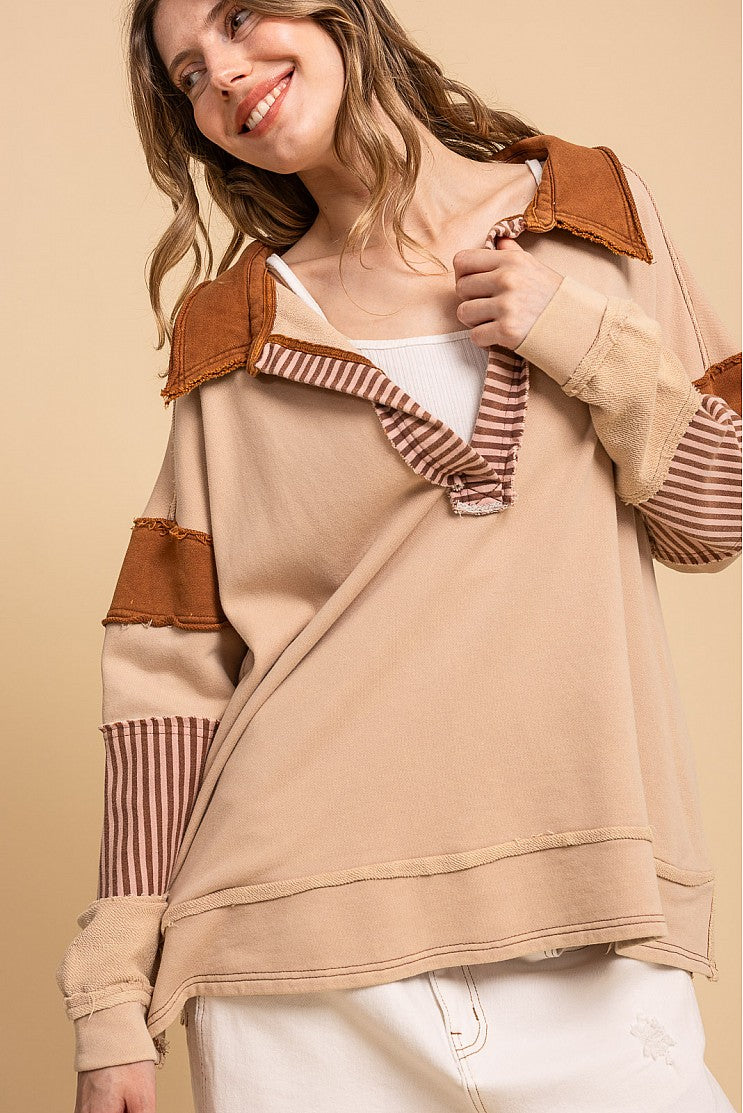 Relaxed Fit Washed Multi Fabric Collared Top W/ Pockets