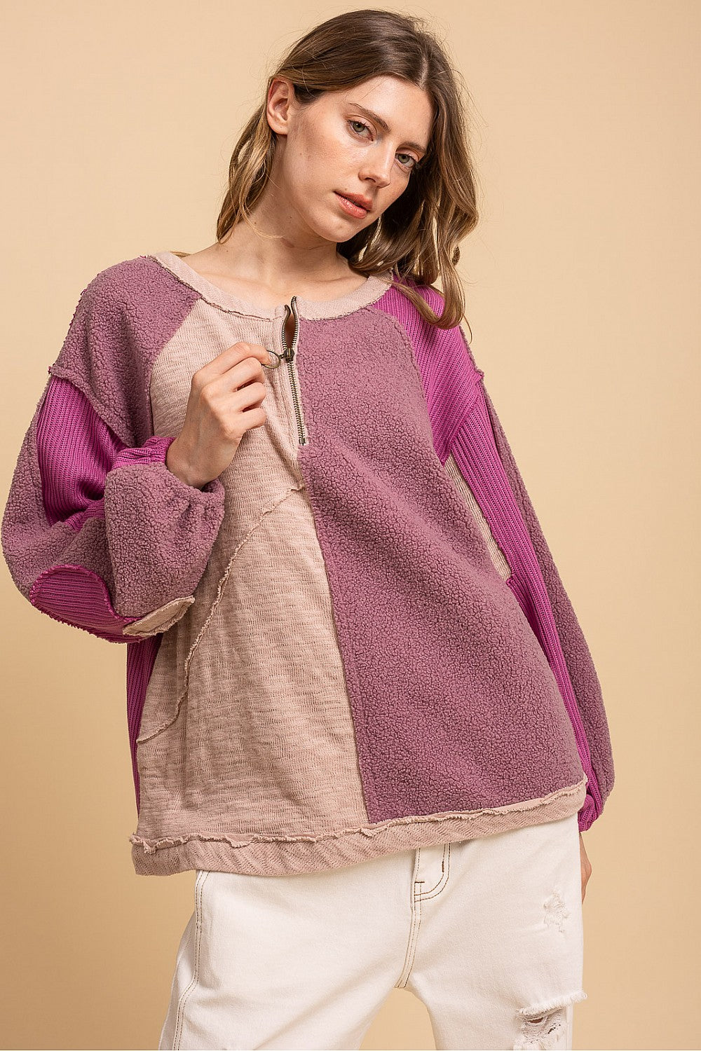 Relaxed Fit Multi Media Fabric Mixed Knit Color Block Top