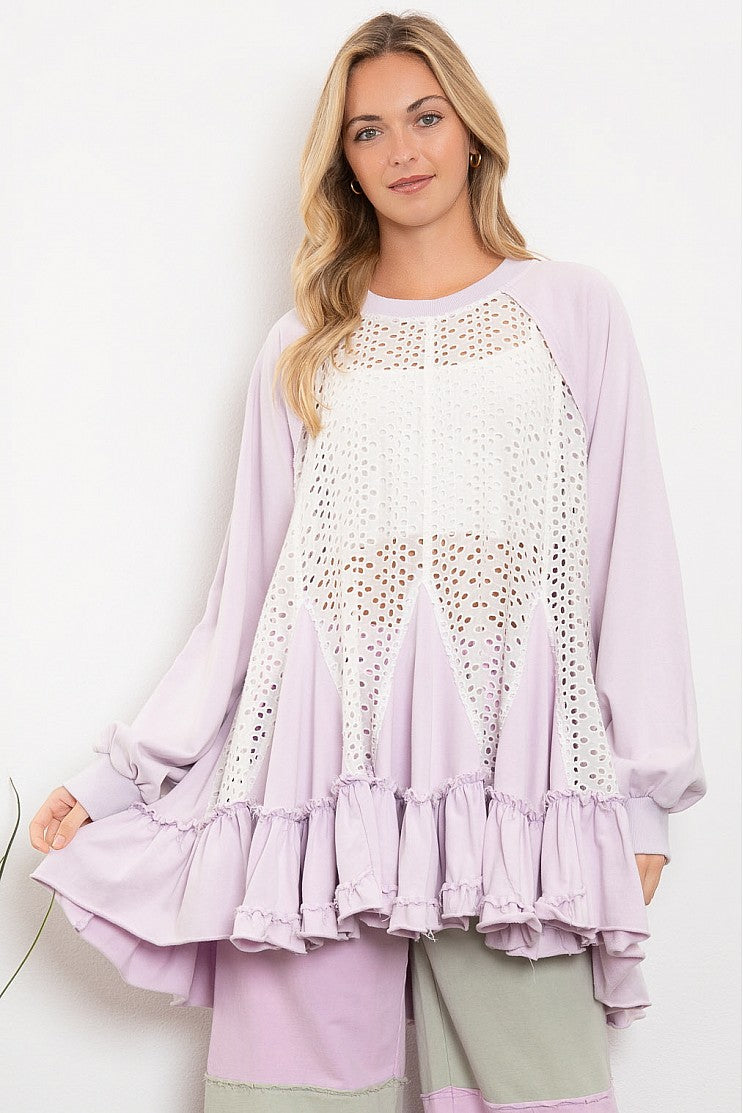Sheer Eyelet Front Contrast Ruffle Bottom Hi-Lo Tunic
