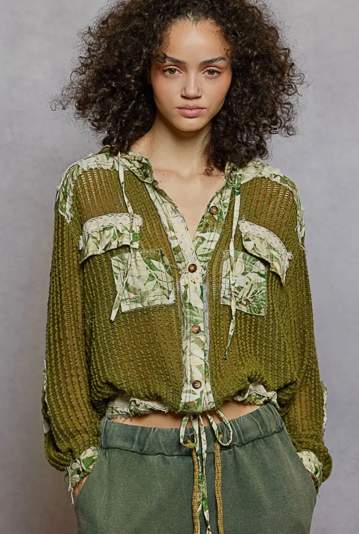 POL Vintage Washed Floral Print Crochet Jacket W/ Hoodie