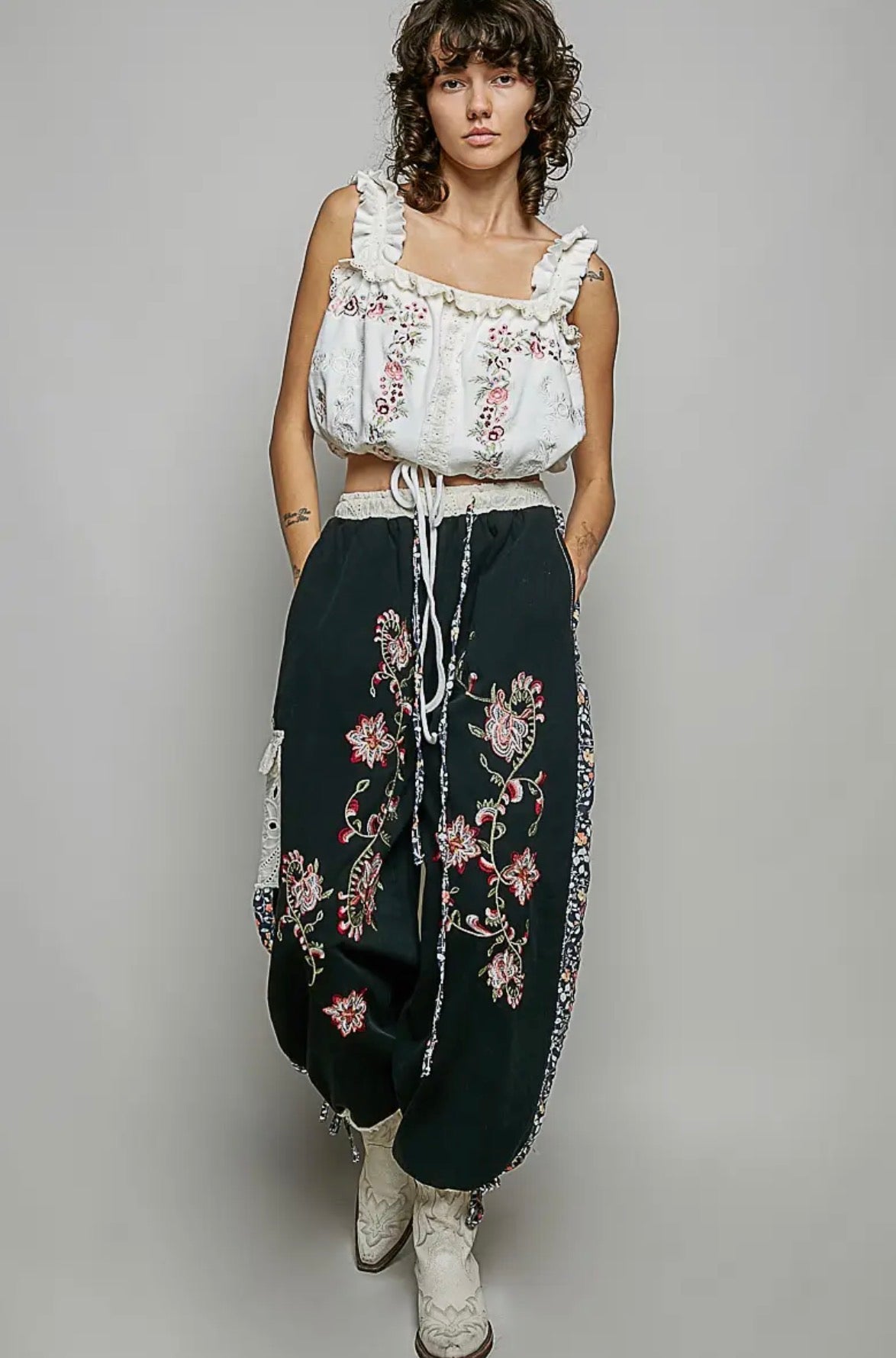 POL Floral Embroidery Print Patch Denim Joggers