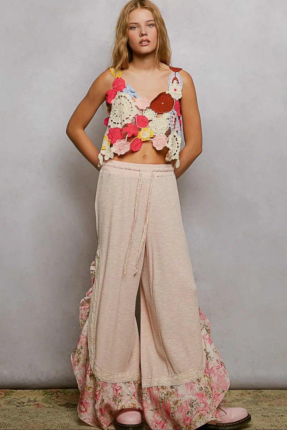 POL Floral Ruffle Ribbed Pink Pants