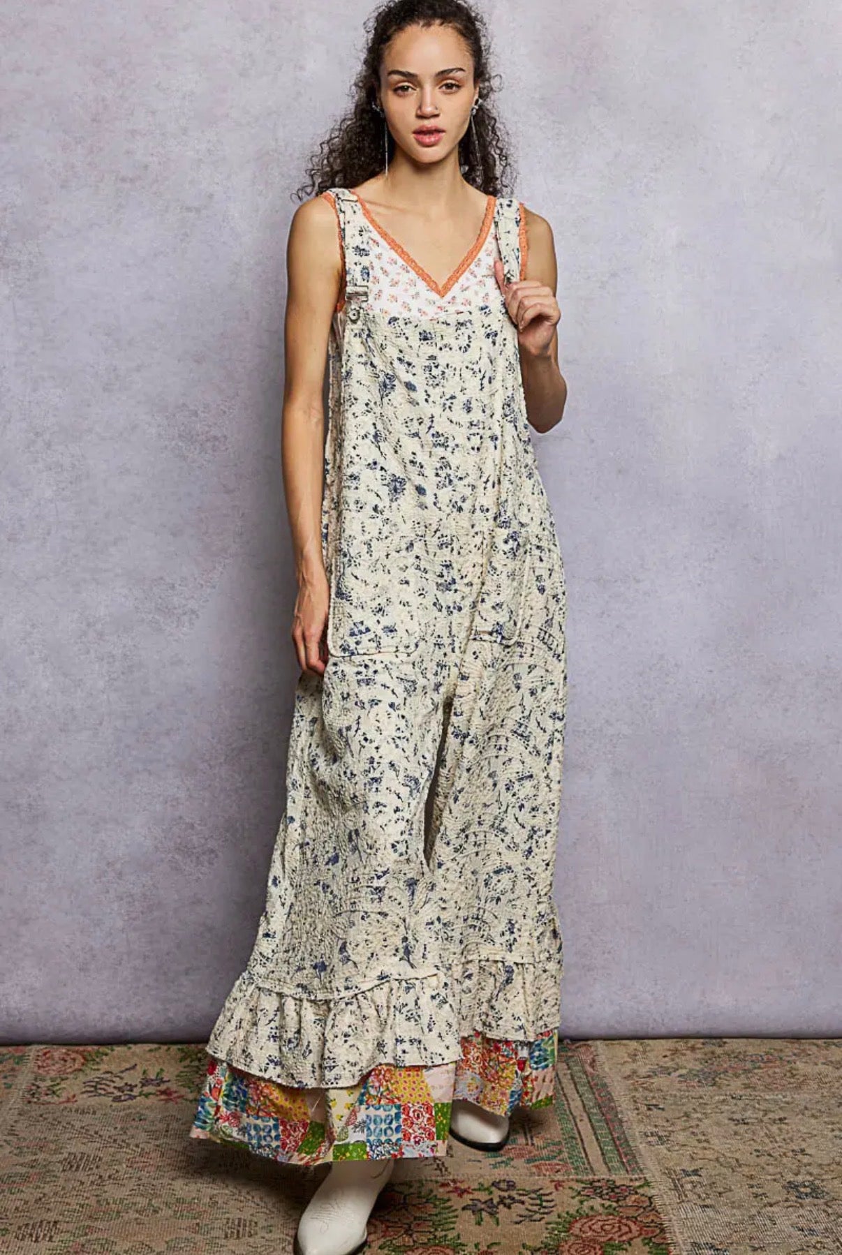 POL Textured Denim Floral Embroidered Jumpsuit