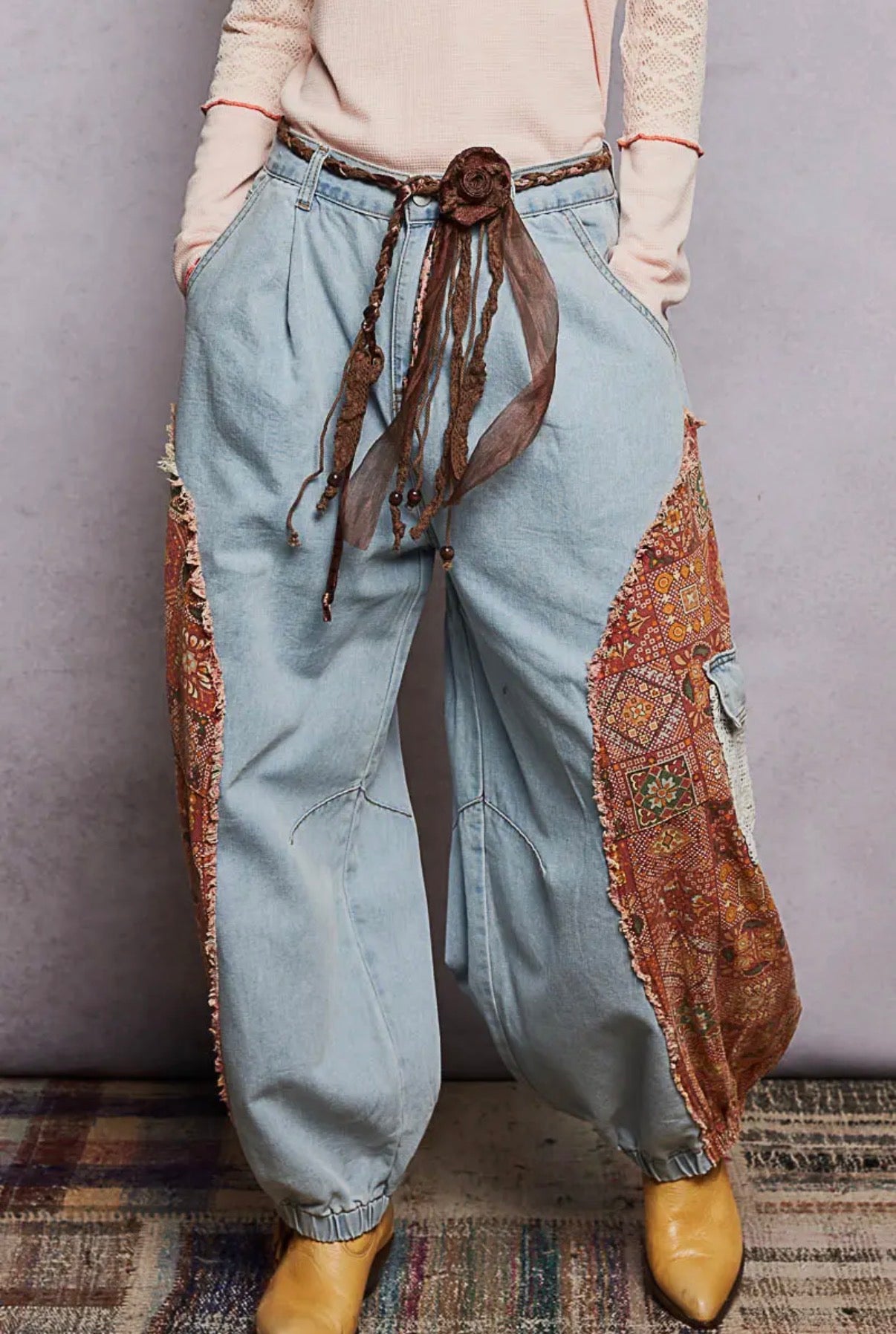 POL Boho Floral Patchwork Cargo Joggers