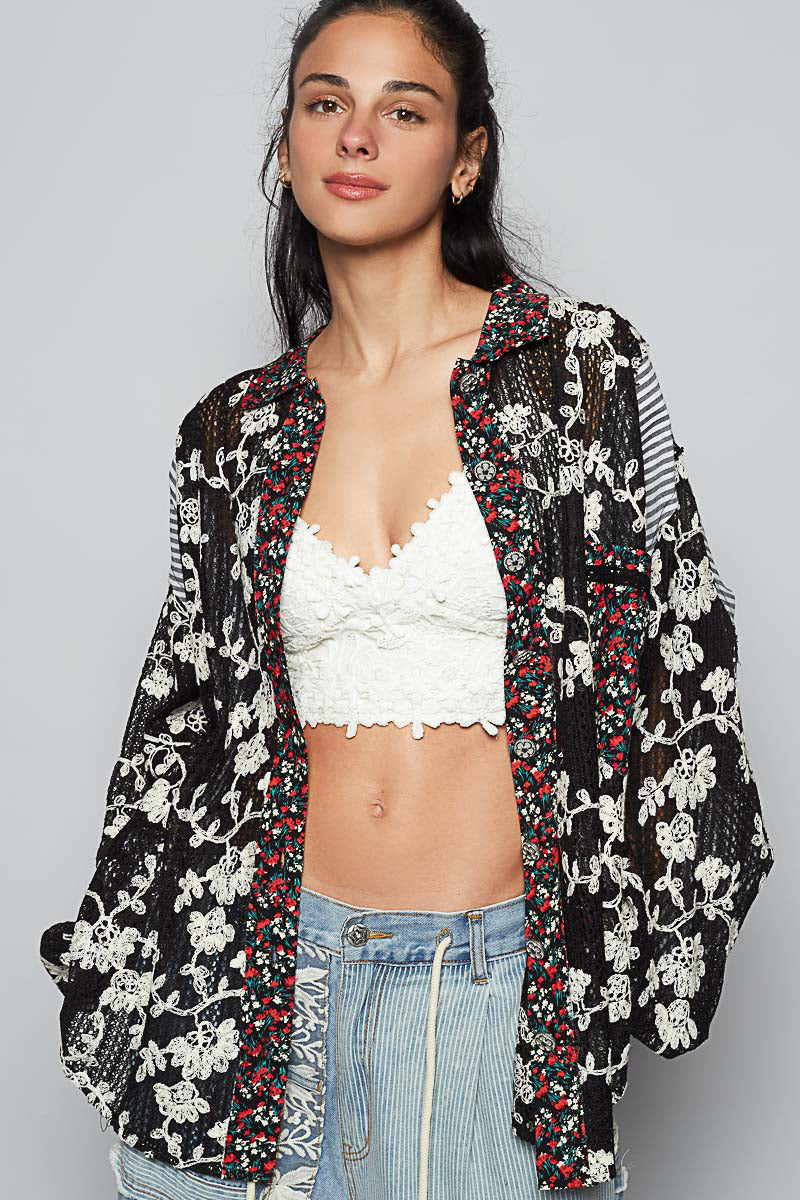 POL Mixed Texture Patchwork Button Up Top