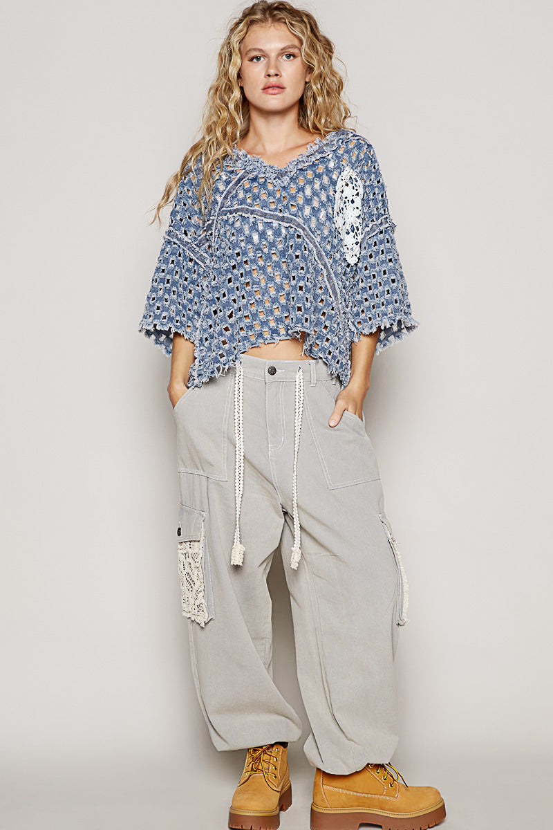 POL Distressed Open Knit Denim Top